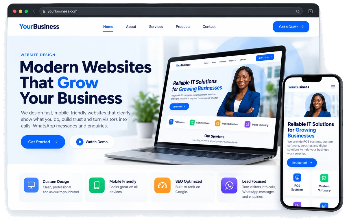 A modern business website shown on a desktop browser, laptop and phone