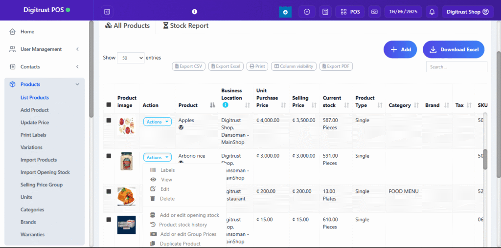 product list with many options